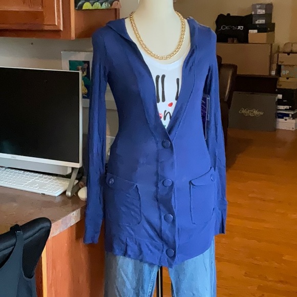 Miley Cyrus Max Azria Navy Blue Hooded Cardigan Size S, NWT - Picture 3 of 12